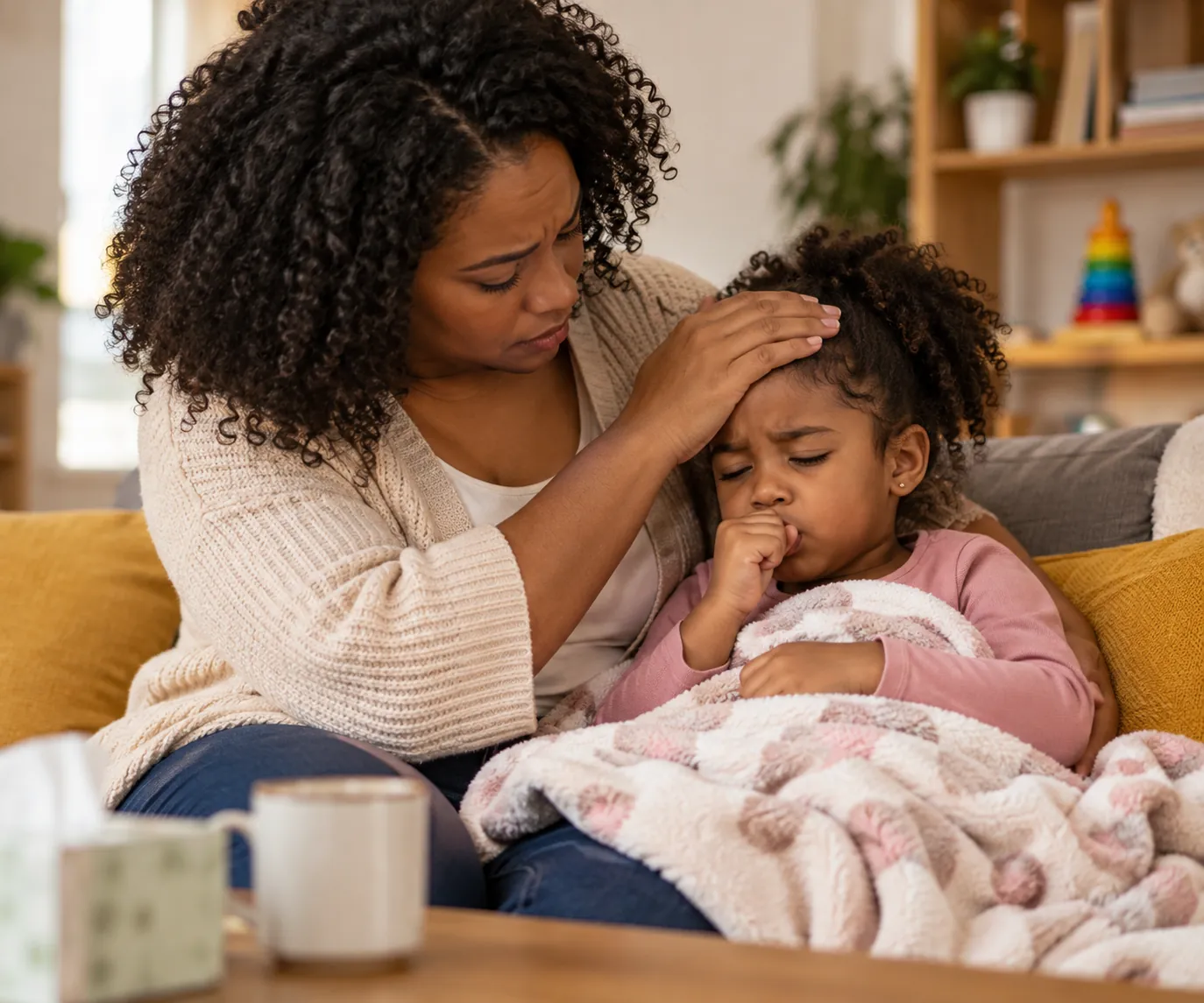 Mãe medindo a temperatura da filha no sofá, enrolada numa manta