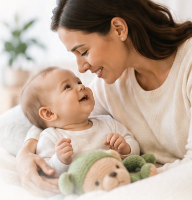 Mãe e bebê sorrindo um para o outro