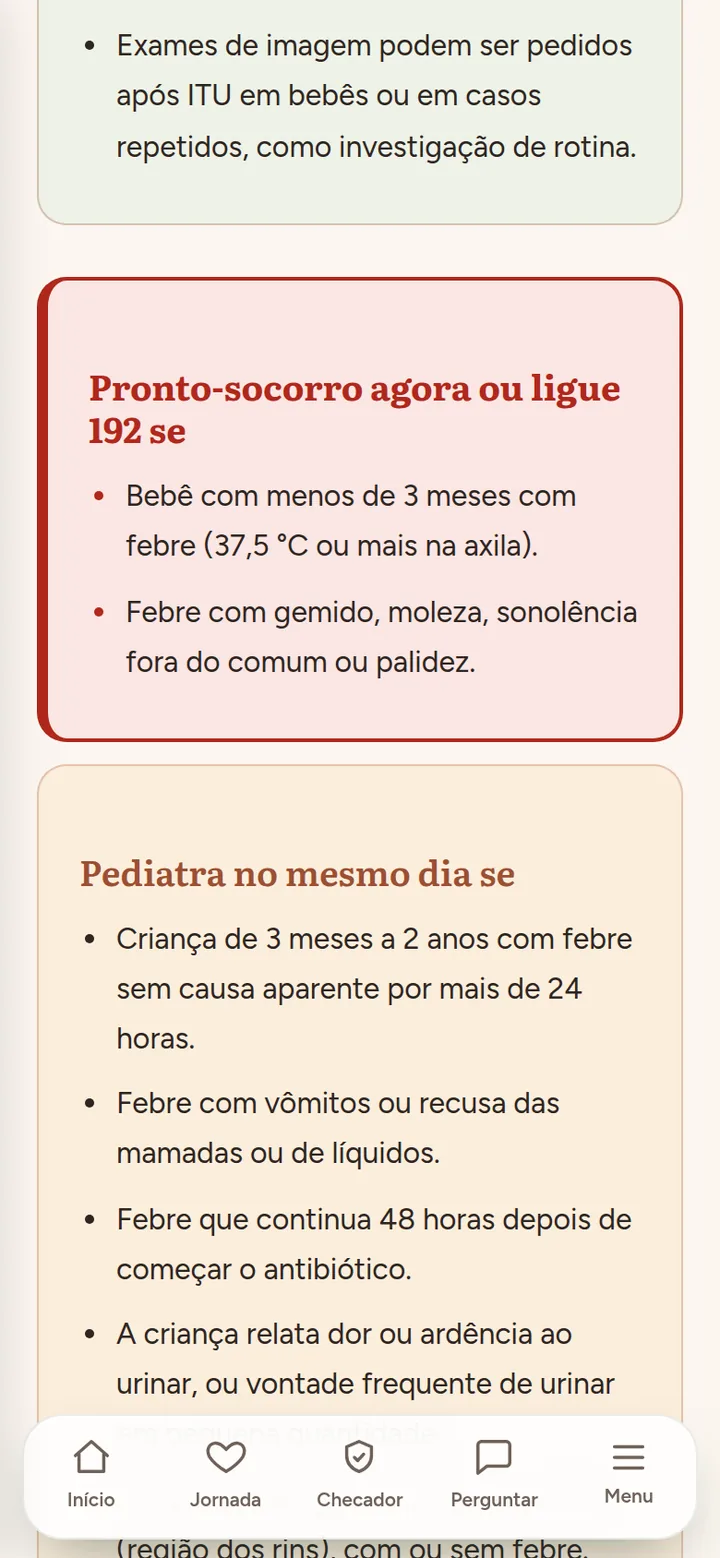 Capítulo sobre infecção urinária com dois quadros de alerta: Pronto-socorro agora ou ligue 192 e Pediatra no mesmo dia