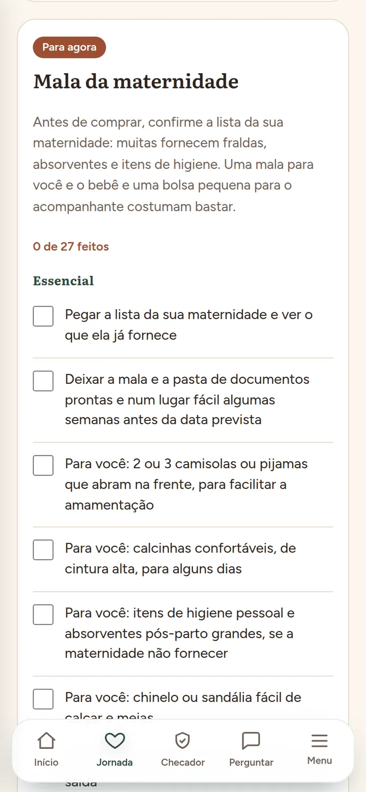 Checklist Mala da maternidade, com itens para a mãe e para o bebê