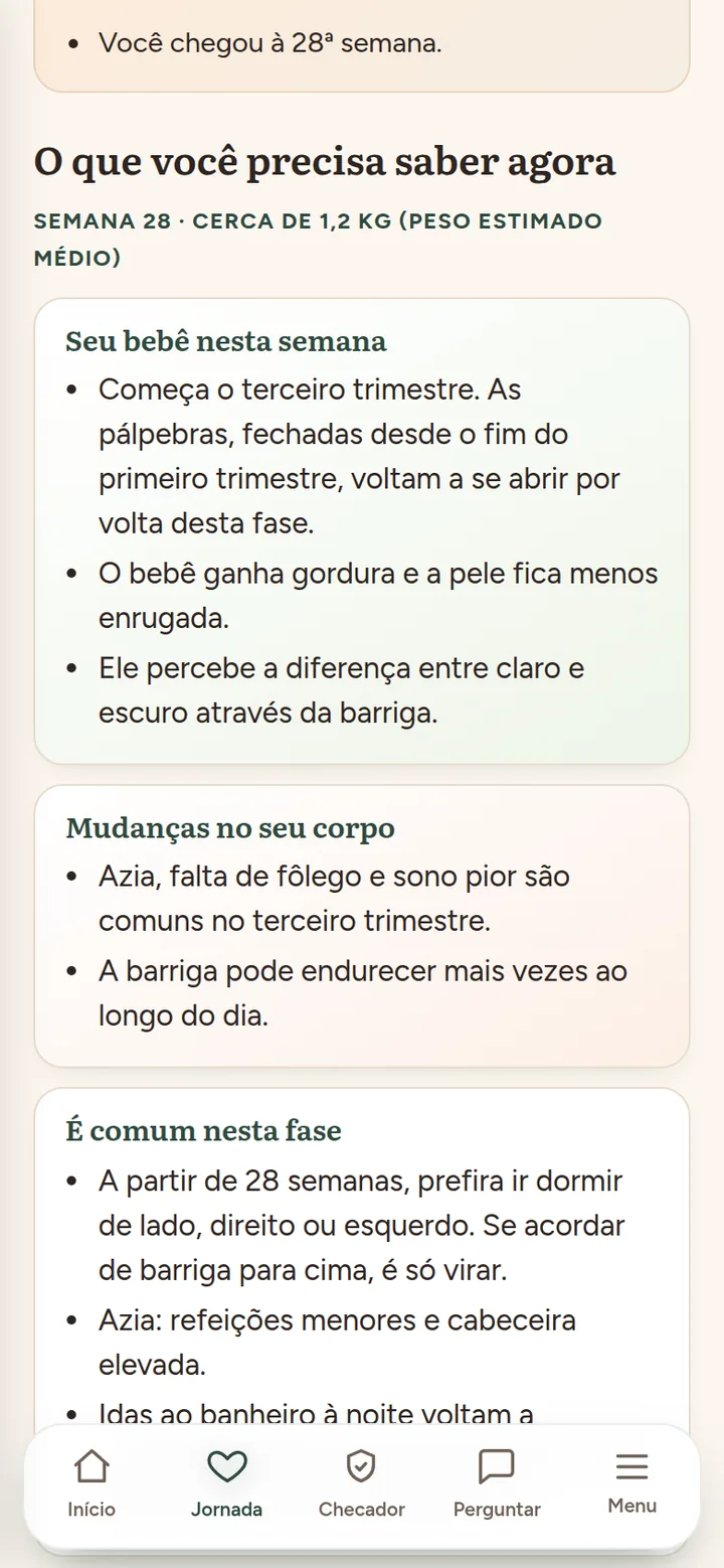 Tela da gestação na semana 28, com seções Seu bebê nesta semana, Mudanças no seu corpo e É comum nesta fase