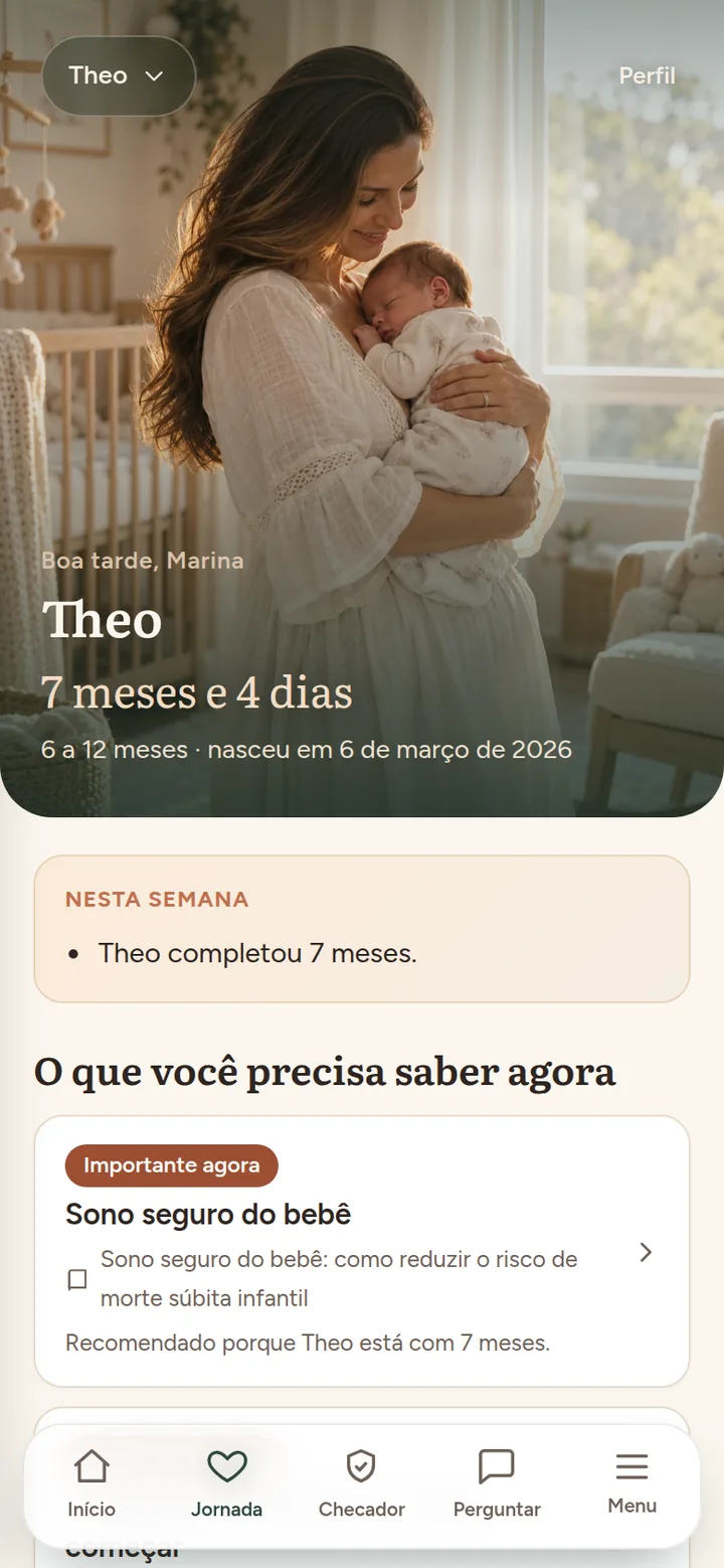 Tela O que você precisa saber agora, com cards escolhidos para um bebê de 7 meses