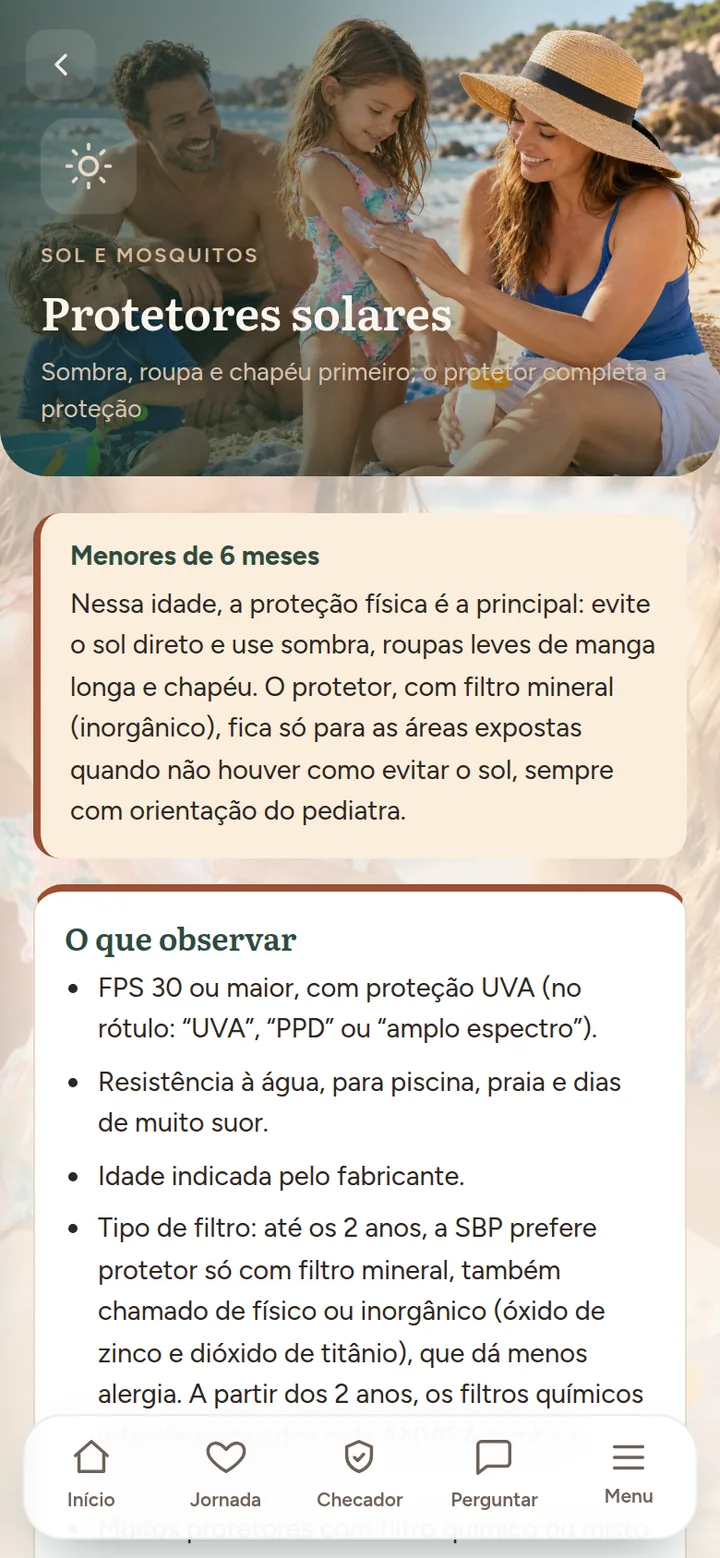 Área Produtos e escolhas, categoria Protetores solares, com orientação para menores de 6 meses e a lista O que observar